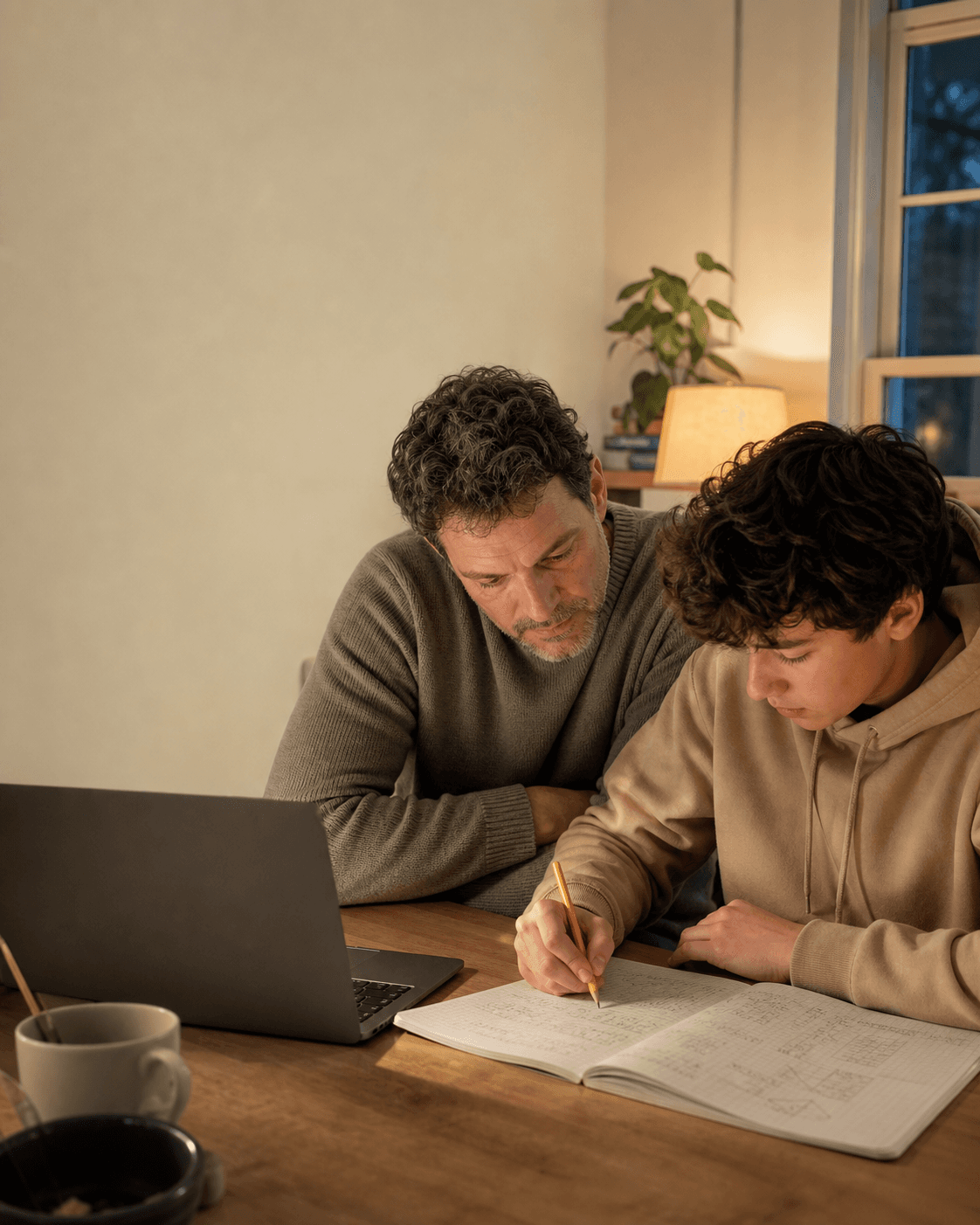 A parent and a teenager studying together at a laptop.