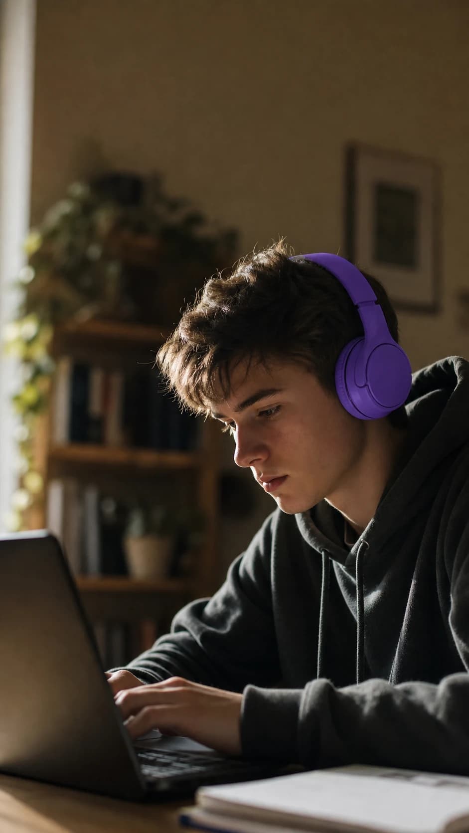 A teenager in headphones concentrating beside a laptop.