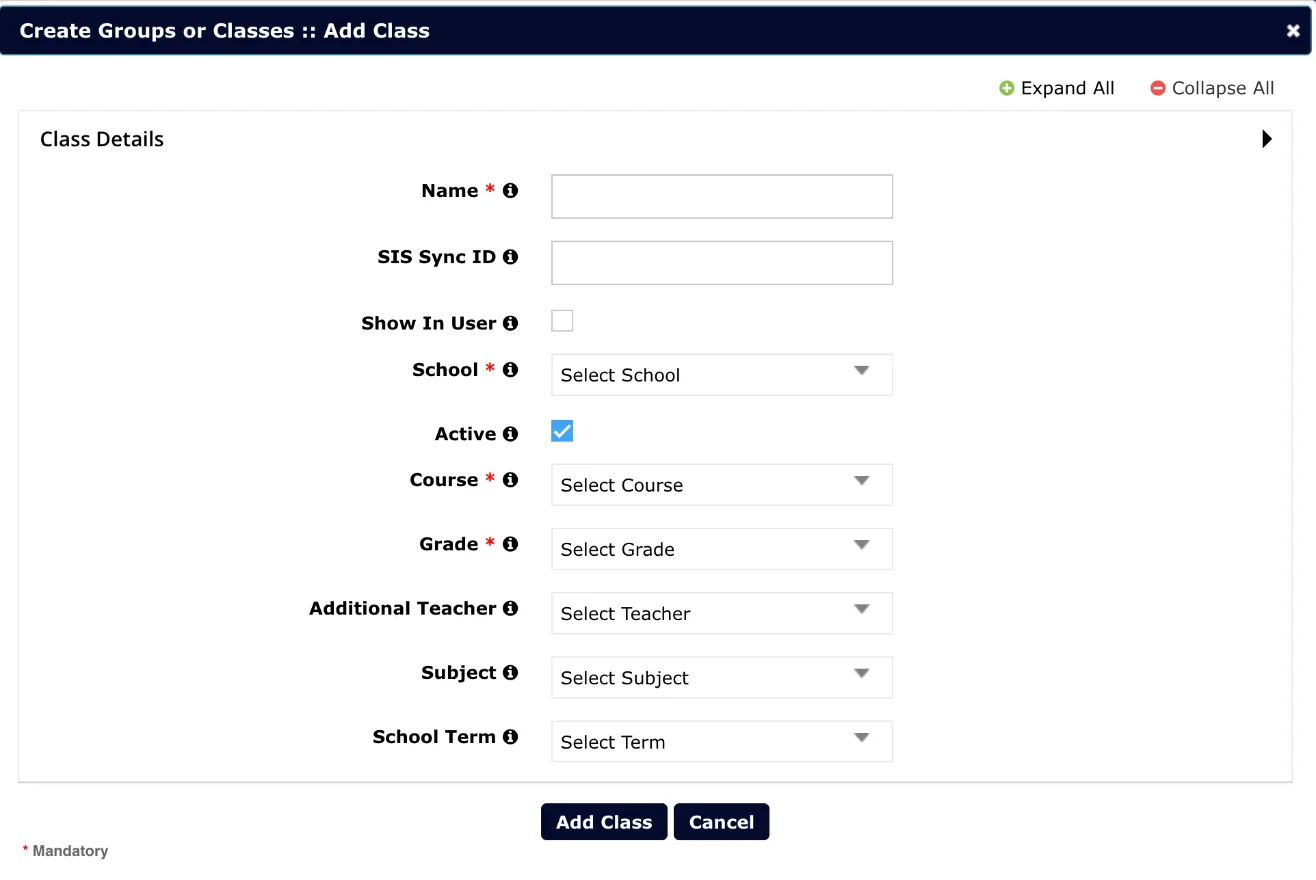 Окно Add Class; красным обведено поле School.