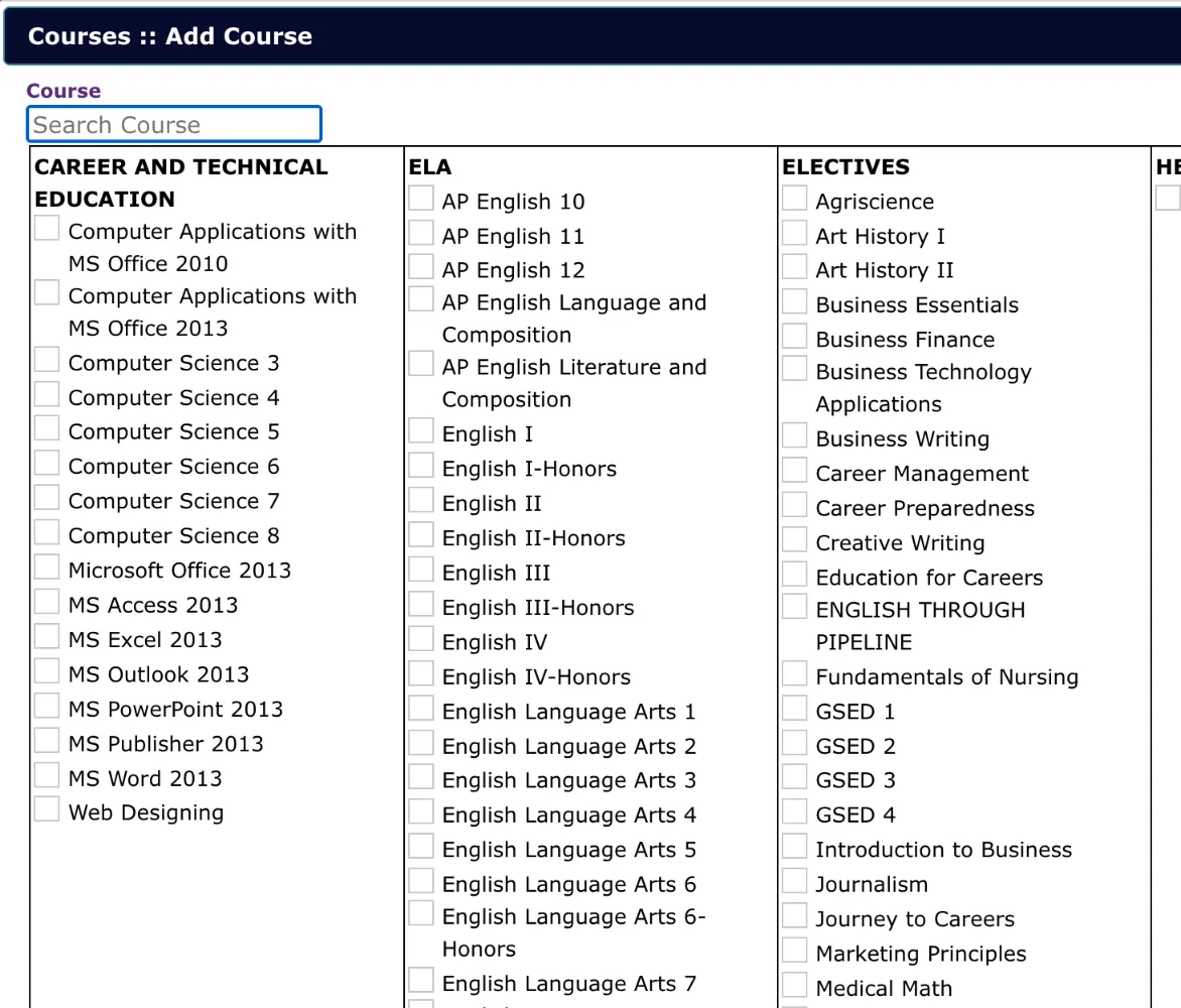 The Add Course picker, with courses grouped by subject and a ring around the course to pick.