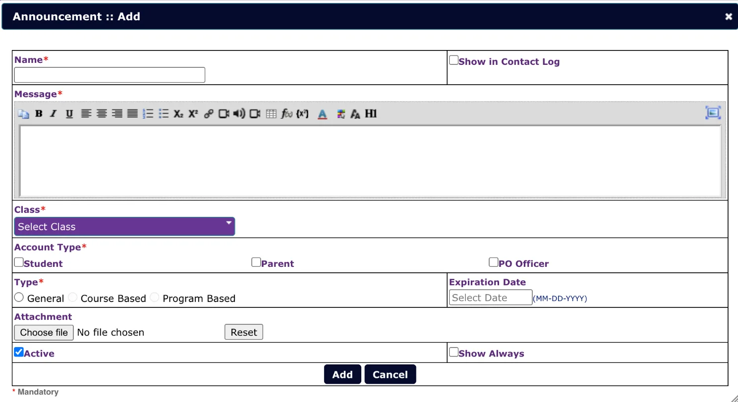 The Announcement form with a ring around the Account Type field.