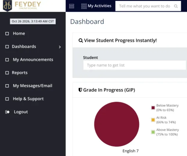 The teacher home page with a ring around the left menu.