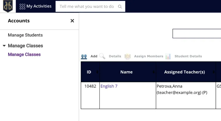 Список Manage Classes; красным обведён пункт Manage Classes в меню слева.